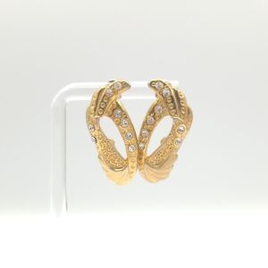 Vintage Gold Tone Rhinestone Hoop Earrings Textured Statement